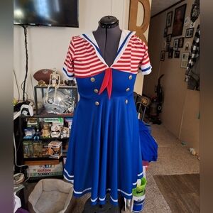 Striped Red and White Dress with Blue Accents